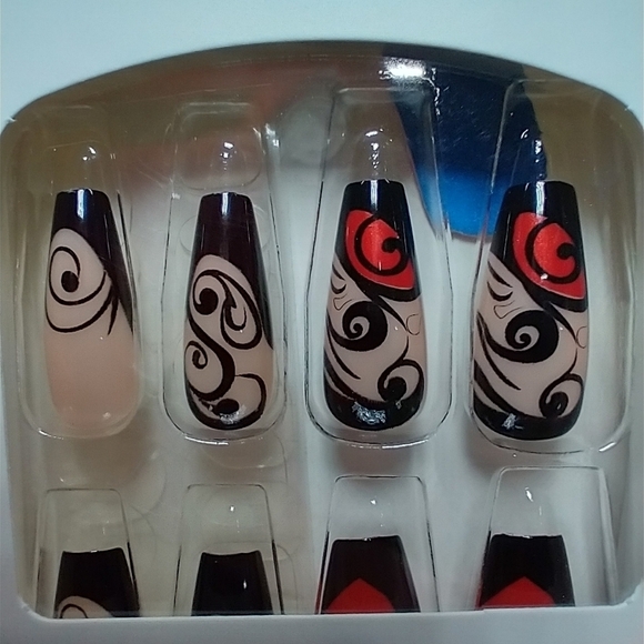 Press on nails swirl black red nude set - Picture 1 of 2